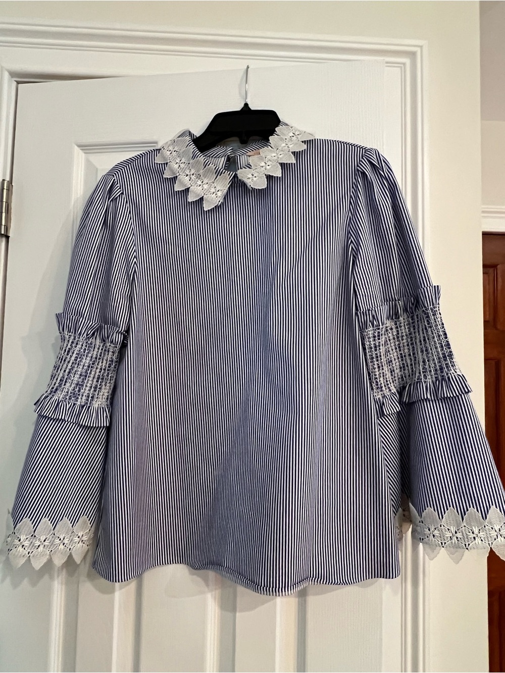 Ted Baker Striped Blue & White Lace-Trim Blouse